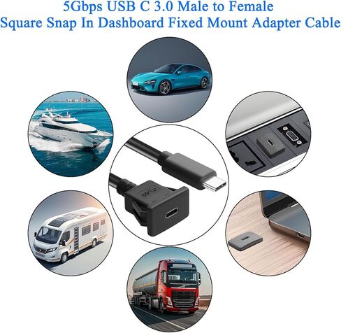 QIANRENON 5Gbps USB C Square Snap in Mount محول سريع الشحن كابل قصير PD60W USB نوع C 3.0 ذكر إلى أنثى لوحة مدمجة جبل موصل تمديد الحبل 20V 3A، للوحة القيادة السيارة / RV، 30 سم / 11.8 بوصة in Kuwait
