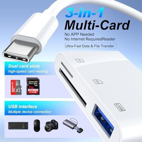 قارئ بطاقات USB C إلى SD، محول بطاقة SD MicroSD 3 في 1 مع منفذ USB 3.0، قارئ بطاقة ذاكرة من النوع C لأجهزة iPhone 15 16 وiPad وMac وMacBook Pro/Air وAndroid وجميع أجهزة USB-C in Kuwait