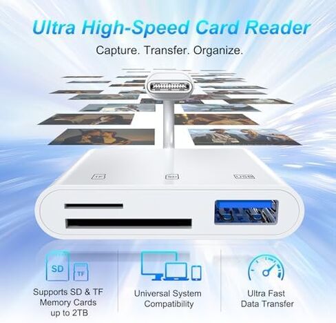 قارئ بطاقات USB C إلى SD، محول بطاقة SD MicroSD 3 في 1 مع منفذ USB 3.0، قارئ بطاقة ذاكرة من النوع C لأجهزة iPhone 15 16 وiPad وMac وMacBook Pro/Air وAndroid وجميع أجهزة USB-C in Kuwait