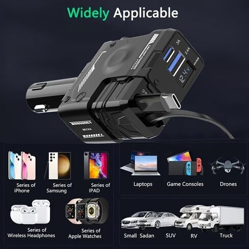 شاحن سيارة قابل للسحب 4 في 1 فائق السرعة (31.5 بوصة) للهاتف اللوحي مع منفذي USB بحد أقصى 66 وات وكابلين قابلين للسحب، قابس بزاوية قابلة للتعديل 180 درجة (أصفر) in Kuwait