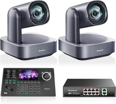 مجموعة/مجموعة كاميرا Tenveo 4K PTZ وConroller - عبوتان من كاميرات التتبع AI بتكبير بصري 12X (LAN/HDMI/USB3.0)، وحدة تحكم عصا التحكم NDI بشاشة 5 بوصات، ومحول شبكة Gigabit PoE بـ 8 منافذ in Kuwait