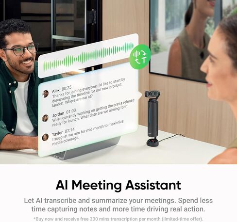 Insta360 WaveLink Pro - مكبر صوت وكاميرا في غرفة الاجتماعات 4K، تتبع مكبر الصوت، التقاط صوت 360 درجة بطول 5 أمتار، تقليل الضوضاء، نسخ وملخصات الذكاء الاصطناعي، التوصيل والتشغيل، يعمل مع التكبير، الفرق in Kuwait