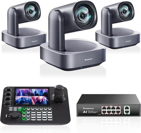 مجموعة/مجموعة كاميرا Tenveo 4K PTZ وConroller - 3 عبوات من كاميرات التتبع AI بتكبير بصري 12X (LAN/HDMI/USB3.0)، وحدة تحكم عصا التحكم NDI رباعية الشاشات مقاس 7 بوصات، ومحول شبكة Gigabit PoE بـ 8 منافذ in Kuwait