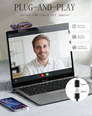 كاميرا ويب 4K لأجهزة Windows/MacOS/Android/Linux PC، مع ميكروفون وجهاز تحكم عن بعد، غطاء الخصوصية، التوصيل والتشغيل، PDAF، لاجتماعات Zoom/Skype/Teams، المؤتمرات ومكالمات الفيديو in Kuwait