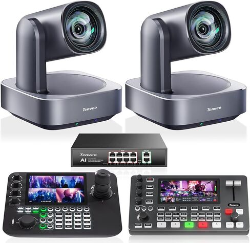 مجموعة/مجموعة كاميرا Tenveo 4K PTZ - عبوتان من كاميرات الذكاء الاصطناعي ذات التكبير البصري 12X (LAN/HDMI/USB3.0)، وحدة تحكم عصا التحكم NDI رباعية الشاشات مقاس 7 بوصة، ومحول فيديو 4K HDMI SDI ومفتاح PoE بـ 8 منافذ in Kuwait