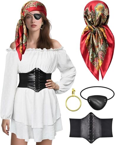 Women Pirate Costume Dress with Corset Set - Off Shoulder Long Sleeve, Renaissance Outfit with Bandana in Saudi Arabia