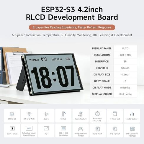 Waveshare ESP32-S3 لوحة تطوير RLCD مقاس 4.2 بوصة، دقة 300 × 400، تدعم الاتصال ثنائي الوضع W-F & BLE والتفاعل الصوتي AI، بدون مضرب in Kuwait