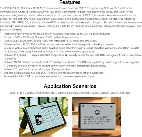 Waveshare ESP32-S3 لوحة تطوير RLCD مقاس 4.2 بوصة، دقة 300 × 400، تدعم الاتصال ثنائي الوضع W-F & BLE والتفاعل الصوتي AI، بدون مضرب in Kuwait