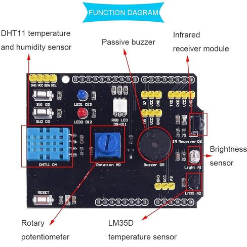 DHT11 Expansion Board 9-in-1 Multifunctional Expansion Board DHT11 Humidity Sensor and LM35 Temperature Sensor Receiver Buzzer with Dupont Cable in Kuwait
