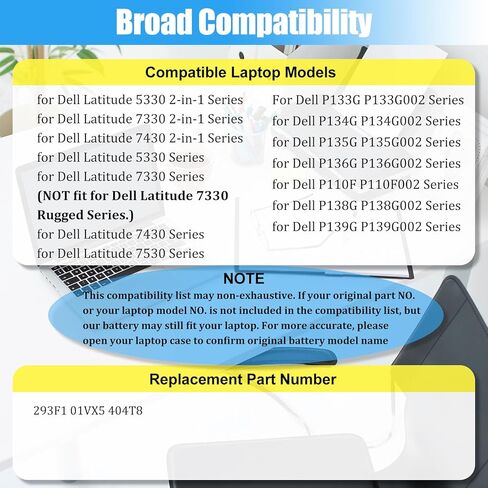 293F1 استبدال بطارية لجهاز Dell Latitude 5330 7330 7430 7530 Latitude 5330 2 في 1/7330 2 في 1/7430 2 في 1 P133G P134G P135G P136G P110F P138G P139G سلسلة بطارية الكمبيوتر المحمول 01VX5 404T8 41 واط ساعة in Kuwait