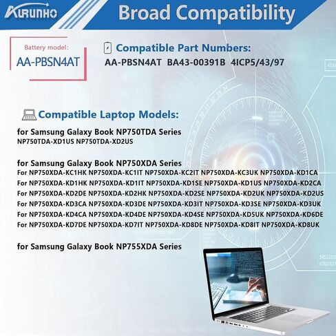 بطارية كمبيوتر محمول AA-PBSN4AT 54Wh بديلة لجهاز Samsung Galaxy Book 15.6 بوصة NP750TDA NP750XDA NP755XDA NP750TDA-XD1US NP750TDA-XD2US Series 15.4 فولت 4 خلايا in Kuwait