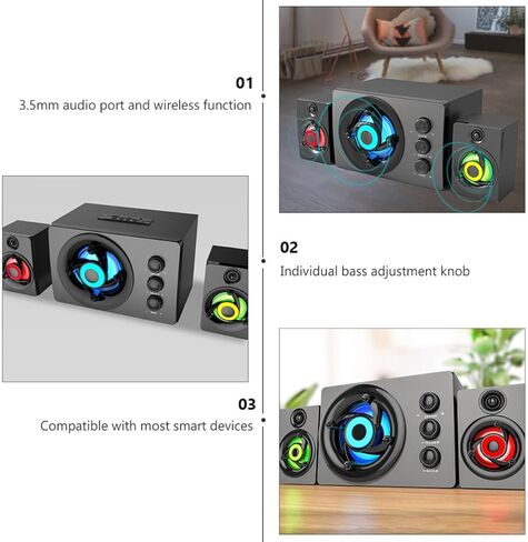صندوق صوت ستيريو خشبي 2.1 متعدد الوسائط مع مضخم صوت يعمل بمنفذ USB، ومكبرات صوت للكمبيوتر المكتبي لأجهزة الكمبيوتر المحمول والألعاب، ومشغل موسيقى ستيريو محمول للمكتب المنزلي in Kuwait
