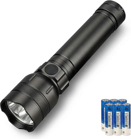 مصباح يدوي تكتيكي SuperFire LED، 1300 لومن عالي مع 6 بطاريات AA متضمنة، ألومنيوم عالي التحمل، وقت تشغيل 18 ساعة، 4 أوضاع، مقاوم للماء IP44 لانقطاع الطاقة، وطوارئ الإعصار والتخييم in Kuwait