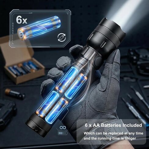 مصباح يدوي تكتيكي SuperFire LED، 1300 لومن عالي مع 6 بطاريات AA متضمنة، ألومنيوم عالي التحمل، وقت تشغيل 18 ساعة، 4 أوضاع، مقاوم للماء IP44 لانقطاع الطاقة، وطوارئ الإعصار والتخييم in Kuwait