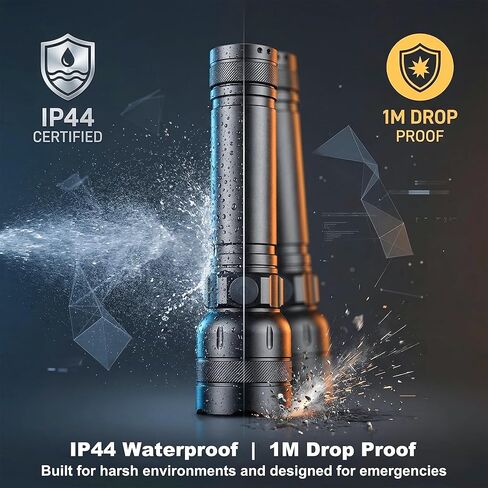 مصباح يدوي تكتيكي SuperFire LED، 1300 لومن عالي مع 6 بطاريات AA متضمنة، ألومنيوم عالي التحمل، وقت تشغيل 18 ساعة، 4 أوضاع، مقاوم للماء IP44 لانقطاع الطاقة، وطوارئ الإعصار والتخييم in Kuwait