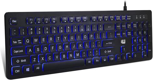 Adesso AKB-139EB Large Print Illuminated LED Keyboard 2X Big Letter Keys Blue Backlit Low Profile Quiet Switches USB Wired 104 Key Multimedia Controls Water Resistant in Kuwait