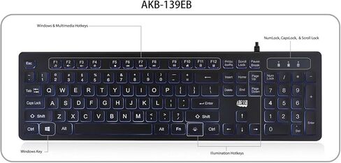 Adesso AKB-139EB Large Print Illuminated LED Keyboard 2X Big Letter Keys Blue Backlit Low Profile Quiet Switches USB Wired 104 Key Multimedia Controls Water Resistant in Kuwait