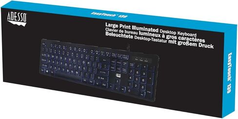 Adesso AKB-139EB Large Print Illuminated LED Keyboard 2X Big Letter Keys Blue Backlit Low Profile Quiet Switches USB Wired 104 Key Multimedia Controls Water Resistant in Kuwait