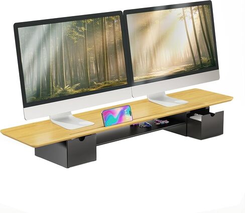 Mount-It! Extra Wide 39" Real Solid Bamboo Dual Monitor Stand Riser, 2 Metal Drawers + Shelf, 66 lbs, Built-In Device Slot, Home Office Desk Organizer in Kuwait