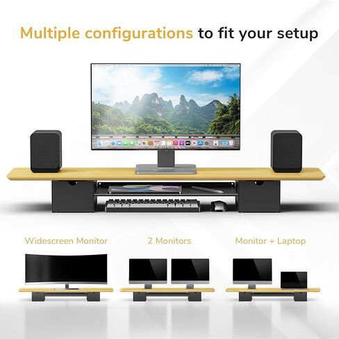 Mount-It! Extra Wide 39" Real Solid Bamboo Dual Monitor Stand Riser, 2 Metal Drawers + Shelf, 66 lbs, Built-In Device Slot, Home Office Desk Organizer in Kuwait