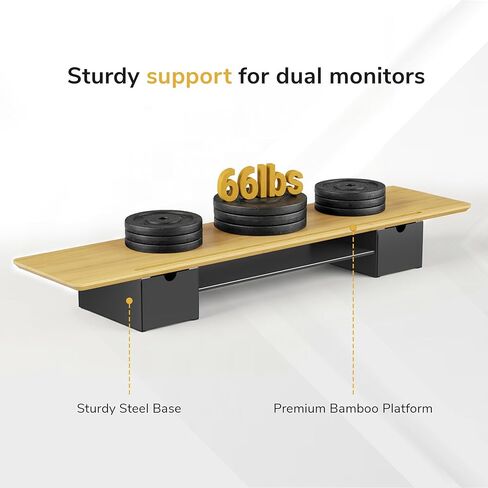 Mount-It! Extra Wide 39" Real Solid Bamboo Dual Monitor Stand Riser, 2 Metal Drawers + Shelf, 66 lbs, Built-In Device Slot, Home Office Desk Organizer in Kuwait