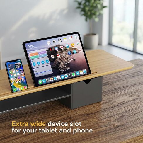 Mount-It! Extra Wide 39" Real Solid Bamboo Dual Monitor Stand Riser, 2 Metal Drawers + Shelf, 66 lbs, Built-In Device Slot, Home Office Desk Organizer in Kuwait
