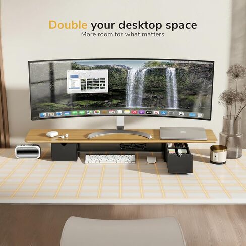 Mount-It! Extra Wide 39" Real Solid Bamboo Dual Monitor Stand Riser, 2 Metal Drawers + Shelf, 66 lbs, Built-In Device Slot, Home Office Desk Organizer in Kuwait