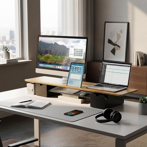 Mount-It! Extra Wide 39" Real Solid Bamboo Dual Monitor Stand Riser, 2 Metal Drawers + Shelf, 66 lbs, Built-In Device Slot, Home Office Desk Organizer in Kuwait