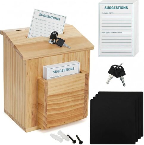 ZENFUN Wooden Suggestion Box with 50 Free Suggestion Cards, Natural Pinewood Ballot Comment Box Donation Box with Locking Hinged Lid for Countertop or Wall Mounted, 8.6" x 6.8" x 10" in Saudi Arabia