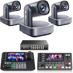 مجموعة/مجموعة كاميرا Tenveo 4K NDI PTZ - 3 عبوات 20X بصرية + 8X كاميرات تقريب رقمية AI (LAN/HDMI/USB3.0)، وحدة تحكم عصا التحكم NDI رباعية الشاشات مقاس 7 بوصة، ومحول فيديو 4K HDMI SDI ومفتاح PoE بـ 8 منافذ in Kuwait
