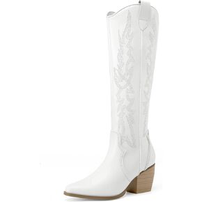 DREAM PAIRS Womens Cowboy Knee High Chunky Heel Boots | Wide Calf Comfortable Pull On Zipper Embroidered Western Cowgirl Knee High Boots Ladies Retro Tall Boot in Saudi Arabia