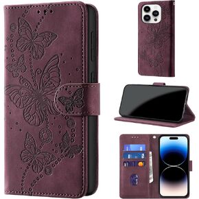 حافظة محفظة لهاتف iPhone 14 Pro، [حجب RFID] حامل 3 بطاقات [هيكل TPU مقاوم للصدمات]، غطاء قلاب واقٍ من جلد البولي يوريثان بإغلاق مغناطيسي مقاس 6.1 بوصة، أرجواني in Kuwait