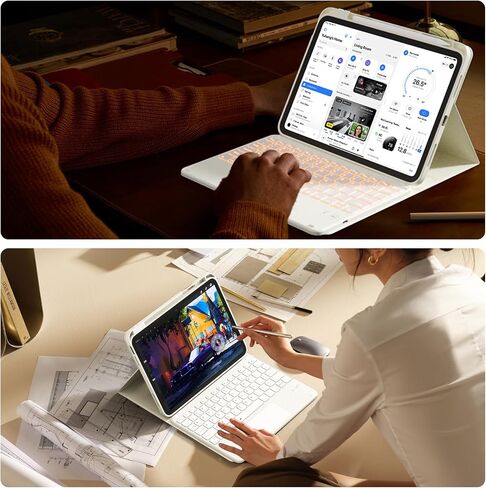 حافظة JKSML لجهاز iPad 10th/11th (A16) Gen مع لوحة مفاتيح بإضاءة خلفية بـ 7 ألوان وحامل أقلام رصاص، لوحة مفاتيح بلوتوث لاسلكية قابلة للفصل، 3 زوايا قابلة للتعديل، حافظة 10.9 بوصة/11 بوصة، أبيض in Kuwait