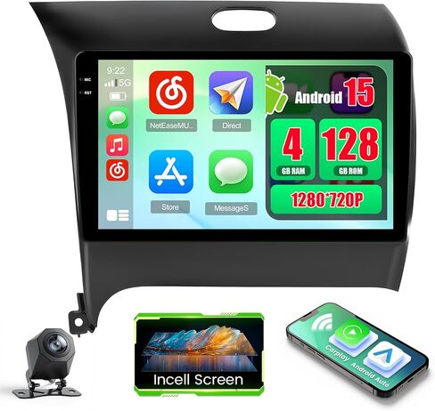 راديو سيارة 4+128 جيجابايت Android 15 لسيارة Kia Forte K3 Cerato 2013-2018 Wireless Carplay Android Auto، 9 بوصات 1280 * 720 بكسل داخل الخلية تعمل باللمس، ستيريو سيارة واي فاي BT GPS FM/RDS كاميرا احتياطية in Kuwait