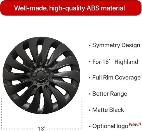 KAVANIC 4PCS Model 3 Highland Wheel Covers 18 inch Original Model Matte Black Model 3 Highland Hubcaps as 2023-2024 Model 3 Highland Wheel Cover Replacement Support Logo Symmetry Design in Saudi Arabia