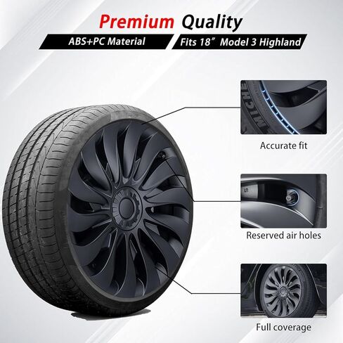 KAVANIC 4PCS Model 3 Highland Wheel Covers 18 inch Original Model Matte Black Model 3 Highland Hubcaps as 2023-2024 Model 3 Highland Wheel Cover Replacement Support Logo Symmetry Design in Saudi Arabia