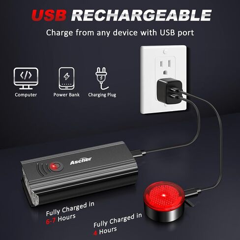 مصابيح دراجة Ascher USB قابلة لإعادة الشحن من الأمام والخلف، مصباح أمامي وخلفي للدراجة فائق السطوع 800 لومن، 4 أوضاع إضاءة، بطارية ذات سعة كبيرة لركوب الدراجات ليلاً على الطرق الجبلية in Kuwait