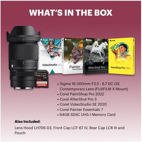 مجموعة عدسات سيجما 16-300 مم F3.5-6.7 DC OS المعاصرة (FUJIFILM X Mount) مع 4 برامج وبطاقة ذاكرة 64 جيجابايت (3 عناصر) in Kuwait