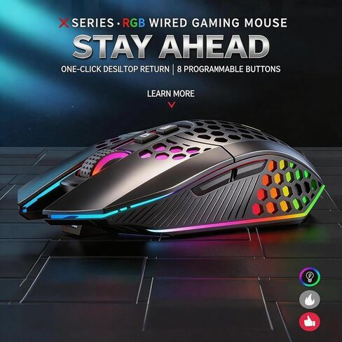 【 Plug and Play -70 Inch Cable Length 】 2026 new Model Professional Gaming Wired Mouse, 6 RGB Lights, 7 Shortcut Keys, Ergonomic Gaming Laptop Optical Mouse, 6 Adjustable DPI up to 8000 in Kuwait