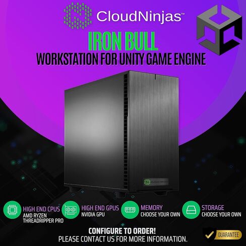 محطة عمل Cloud Ninjas AI مصممة لمحرك Unity Ryzen Threadripper 9970X 4.0 جيجا هرتز 32 Core Geforce RTX 5080 16GB GPU 128GB ECC Reg DDR5 2X 1TB M.2 NVMe 1600W PSU 360mm CPU Cooler 2D 3D ألعاب الفيديو in Kuwait