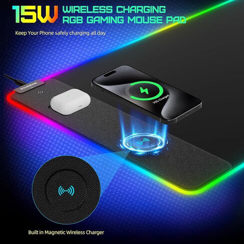 Wireless Charging RGB Gaming Mouse Pad, Mouse Mat with 15W Fast Charging, LED Large Gaming Mousepad with 15 Lights Modes, Ultra-Smooth Surface, Waterproof Non-Slip Desk Pad for Laptop, MacBook, PC in Kuwait