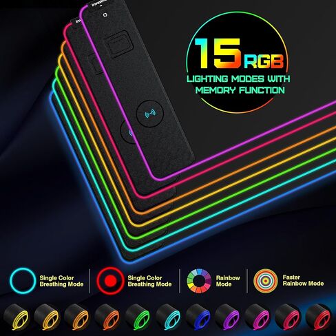 Wireless Charging RGB Gaming Mouse Pad, Mouse Mat with 15W Fast Charging, LED Large Gaming Mousepad with 15 Lights Modes, Ultra-Smooth Surface, Waterproof Non-Slip Desk Pad for Laptop, MacBook, PC in Kuwait