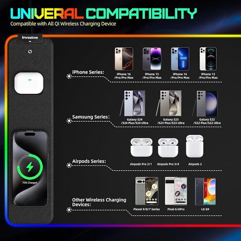 Wireless Charging RGB Gaming Mouse Pad, Mouse Mat with 15W Fast Charging, LED Large Gaming Mousepad with 15 Lights Modes, Ultra-Smooth Surface, Waterproof Non-Slip Desk Pad for Laptop, MacBook, PC in Kuwait