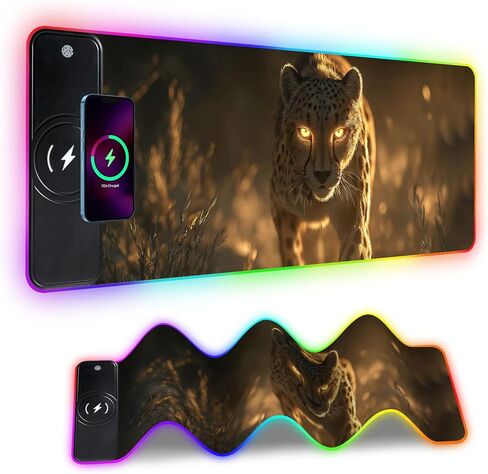 Wireless Charging RGB Gaming Mouse Pad, 31.5 x 11.8 Inch Extended Mouse Mat with Cosmic Wolf Art Design, LED Desk Pad with 7 Lighting Modes, Non-Slip Base for Gaming & Office in Kuwait