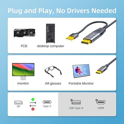 DisplayPort to USB-C Cable with Power Supply and Data Signal Transmission 6.6ft, for PC to Portable Monitor, AR Glasses (Xreal, Rokid, Viture, etc.) - DP to Type-C Display in Kuwait