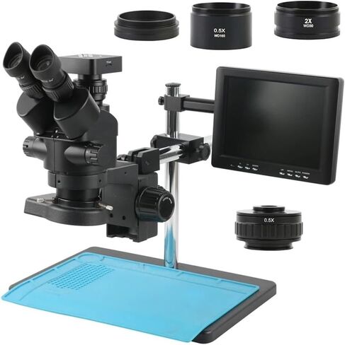 Microscope 3.5X-90X Zoom Simul-Focal Trinocular Stereo Microscope +0.5X 2X 1X Auxiliary Objective Lens+ Camera + 8" LCD Monitor,38MP USB in Kuwait