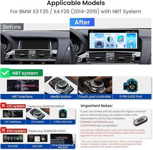 XTRONS Qualcomm 685 Android 14 Car Stereo for BMW X3 F25 / X4 F26 (2014-2016) with NBT System, 12.3 Inch 2K IPS Touch Screen GPS Navigation Support Wireless CarPlay Android Auto (8+256G) in Kuwait