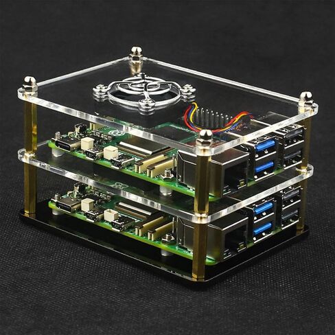 حافظة قابلة للتكديس بطبقة واحدة متوافقة مع Raspberry Pi 5، وحدة عنقودية مفتوحة الإطار لـ Pi 5 8GB/4GB/2GB، حافظة أكريليك معيارية مع مروحة تبريد ومبددات حرارة. in Kuwait