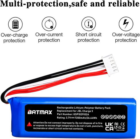 Batmax New 3.7V 7200mAh Battery GSP1029102A for JBL Charge 3 Portable Bluetooth Speaker in Kuwait