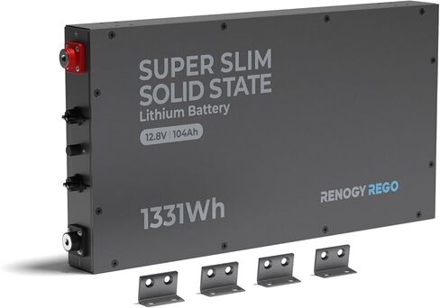 بطارية ليثيوم RENOGY REGO 12V 104Ah LiFePO4 بطارية الحالة الصلبة 60+ BMS، 6000+ دورة حياة، 80% DOD، فائقة النحافة 22.8x11.4x2.4"، خفيفة الوزن، IP67 للمركبات الترفيهية والبحرية وخارج الشبكة. طاقة احتياطية منزلية in Kuwait